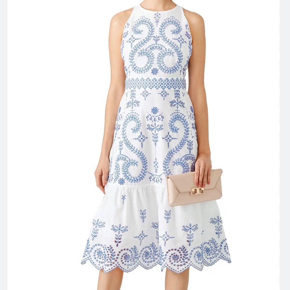 Tory Burch White Midi Dress with Blue Embroidery
